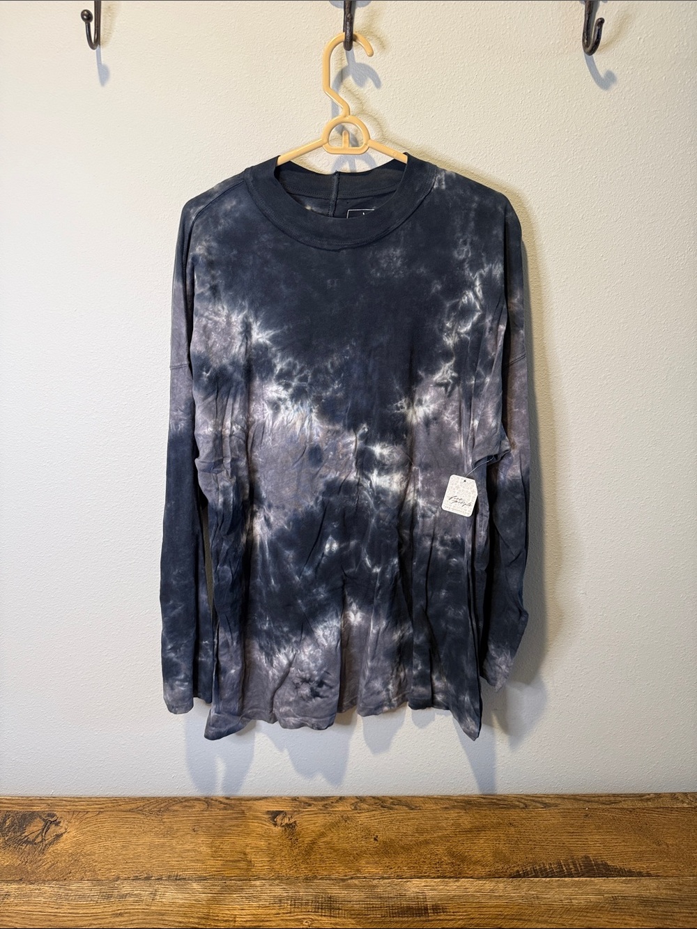 Free People Black & Gray Tie-Dye Long Sleeve Crewneck Tee